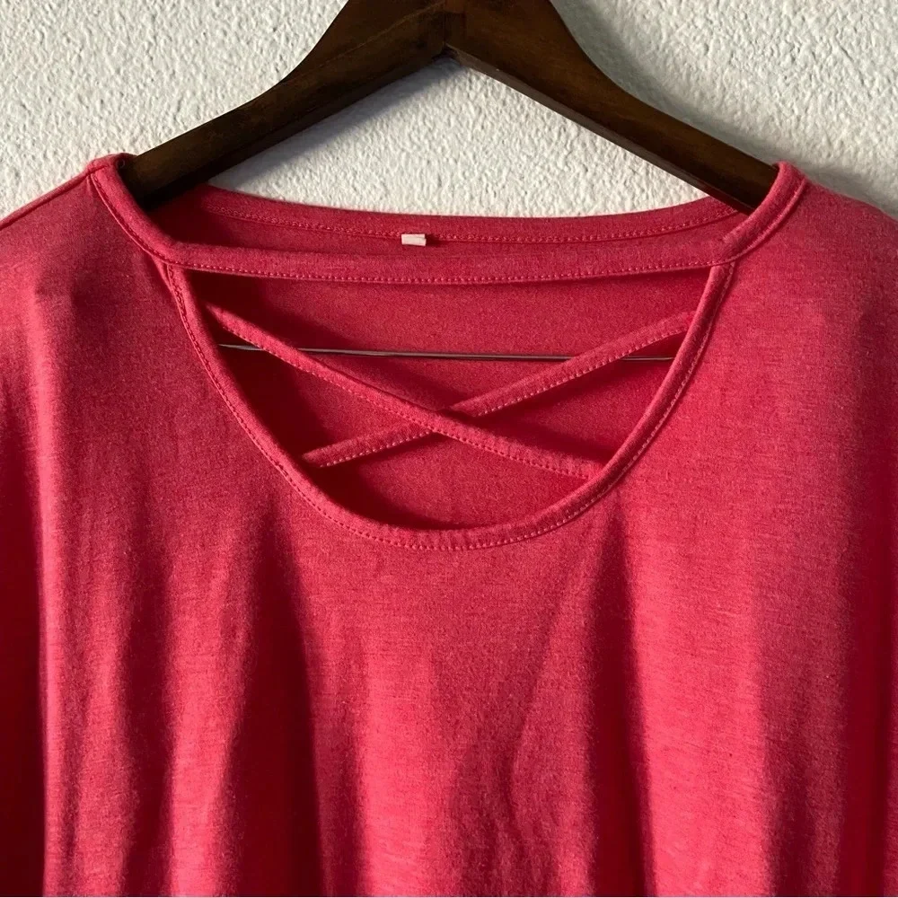Pink Cross Front Tee 2XL Casual Short Sleeve Everyday Spring Summer Cotton